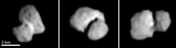 Images de la Comète 67P/Churyumov-Gerasimenko prises le 20 juillet 2014 par la caméra OSIRIS de Rosetta depuis une distance d'environ 5500 km. Les trois images ont été prises a des intervalles de 2 heures et ont une résolution d'environ 100 m par pixel. Crédits : ESA/Rosetta/MPS for OSIRIS Team MPS/UPD/LAM/IAA/SSO/INTA/UPM/DASP/IDA